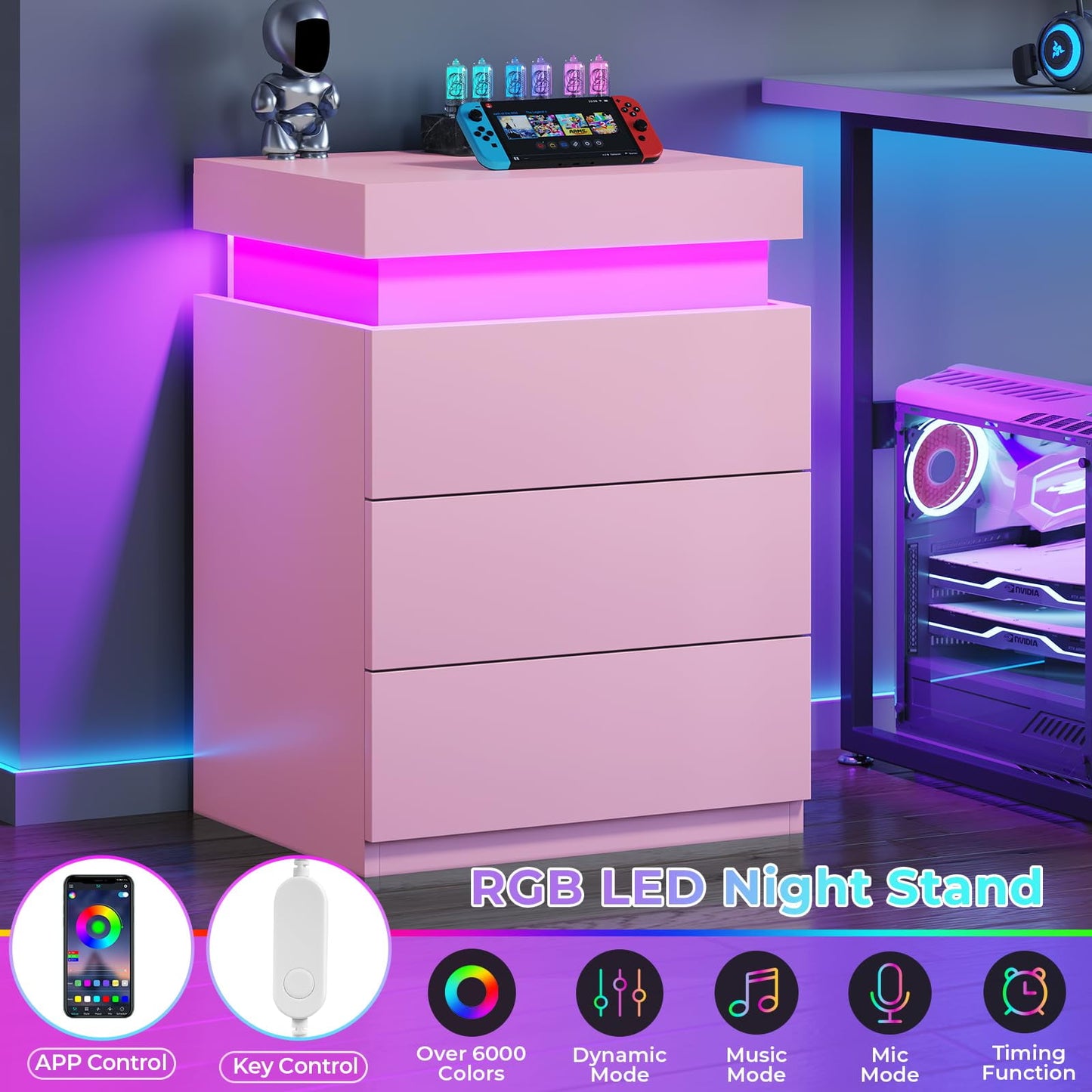 Smart LED Nightstand |3-Drawer Storage with Wireless Control and Charging Station