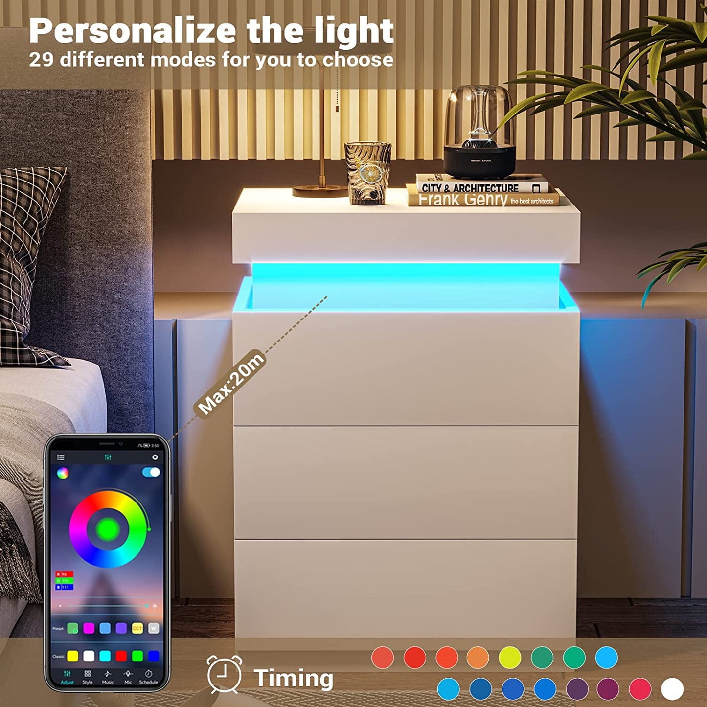 Smart LED Nightstand |3-Drawer Storage with Wireless Control and Charging Station