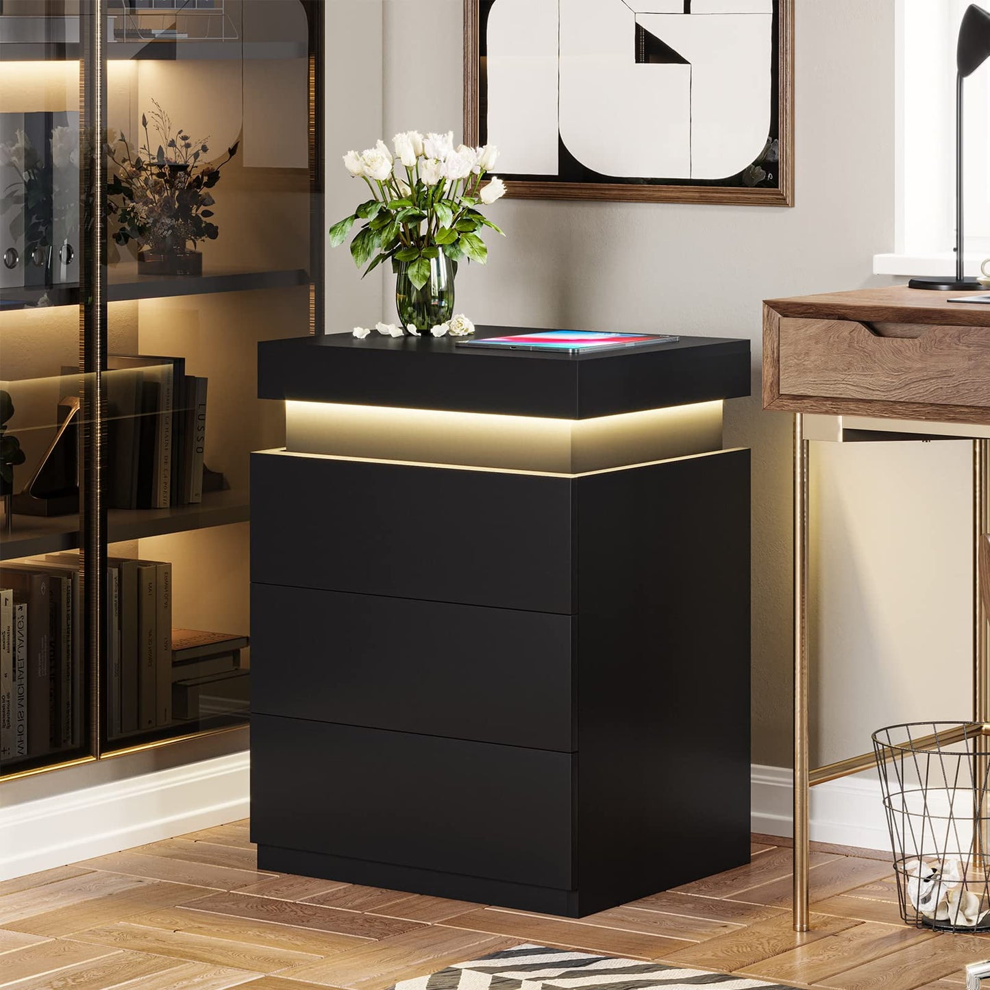 Smart LED Nightstand |3-Drawer Storage with Wireless Control and Charging Station