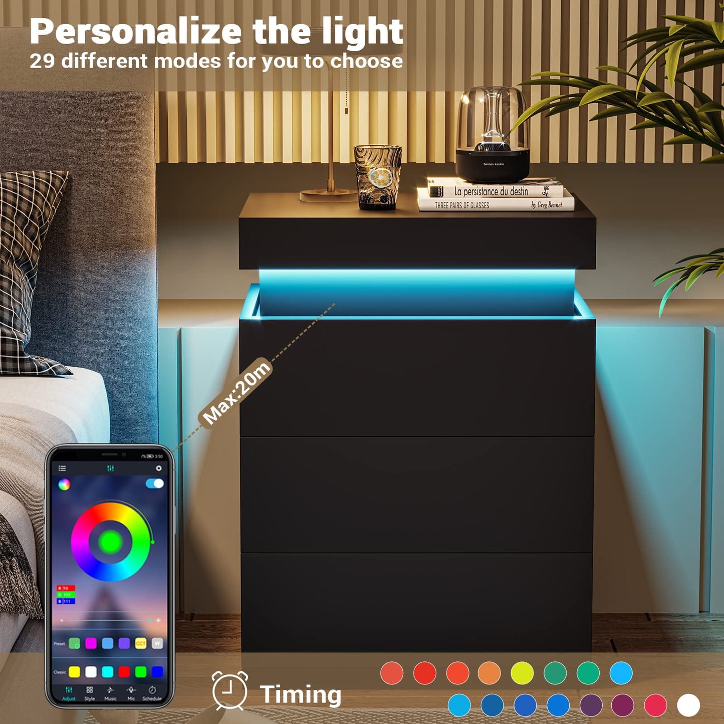 Smart LED Nightstand |3-Drawer Storage with Wireless Control and Charging Station