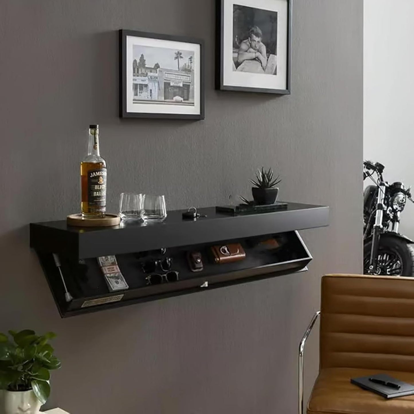 Hidden Storage Wall Shelf – Magnetic Lock Floating Shelf with Concealed Compartment