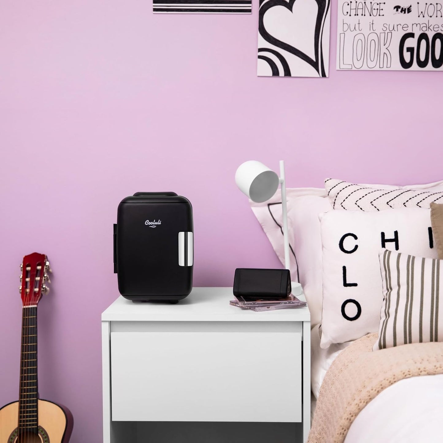 Cooluli Skincare Mini Fridge for Bedroom - Car, Office Desk & Dorm Room - Portable 4L/6 Can Electric Plug In Cooler & Warmer for Food, Drinks, Beauty & Makeup, 12v AC/DC & Exclusive USB, Cow Print