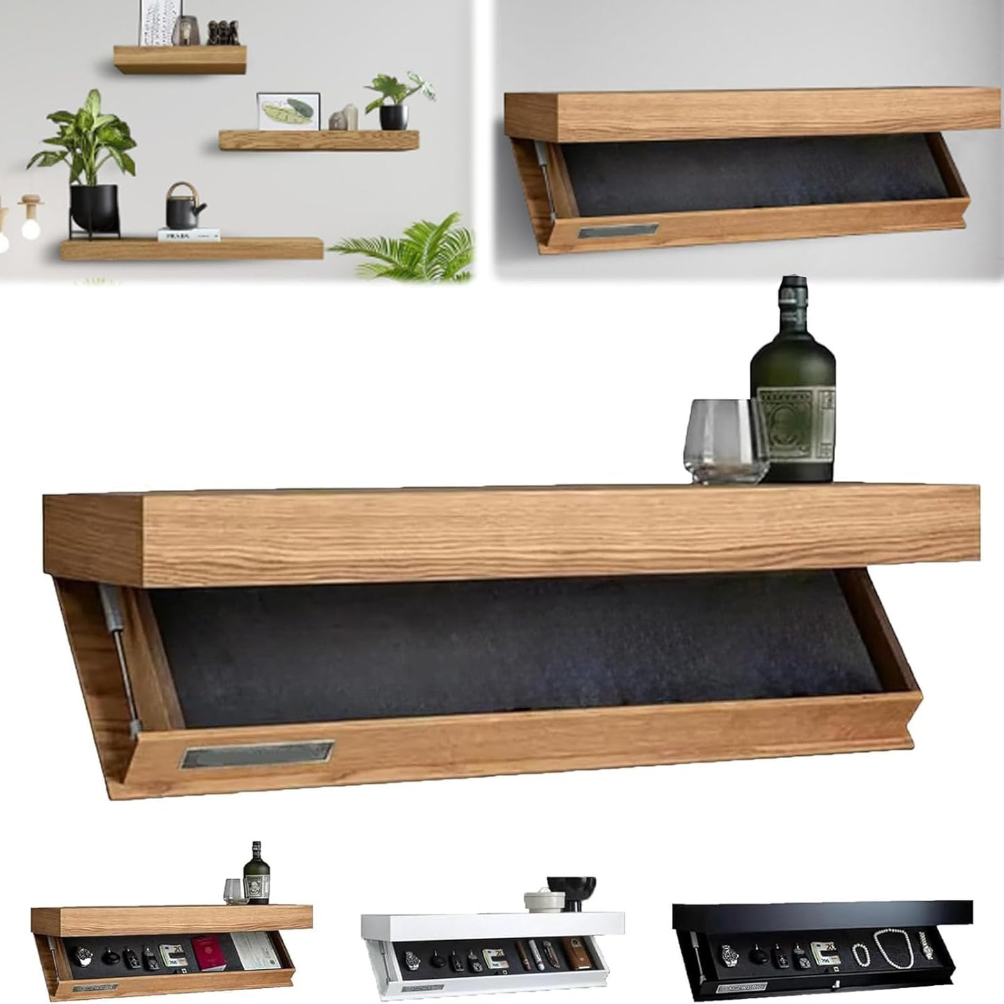 Hidden Storage Wall Shelf – Magnetic Lock Floating Shelf with Concealed Compartment