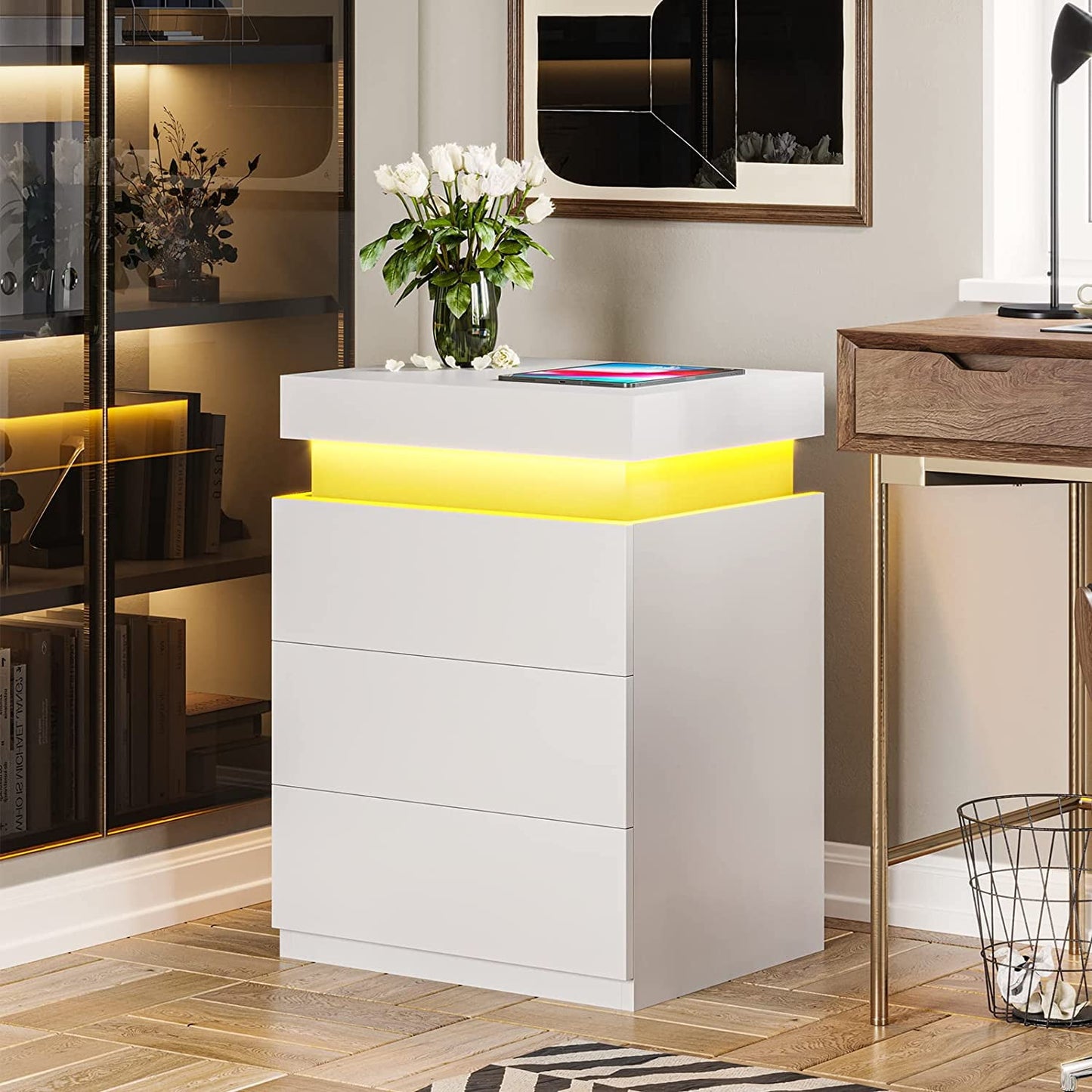 Smart LED Nightstand |3-Drawer Storage with Wireless Control and Charging Station