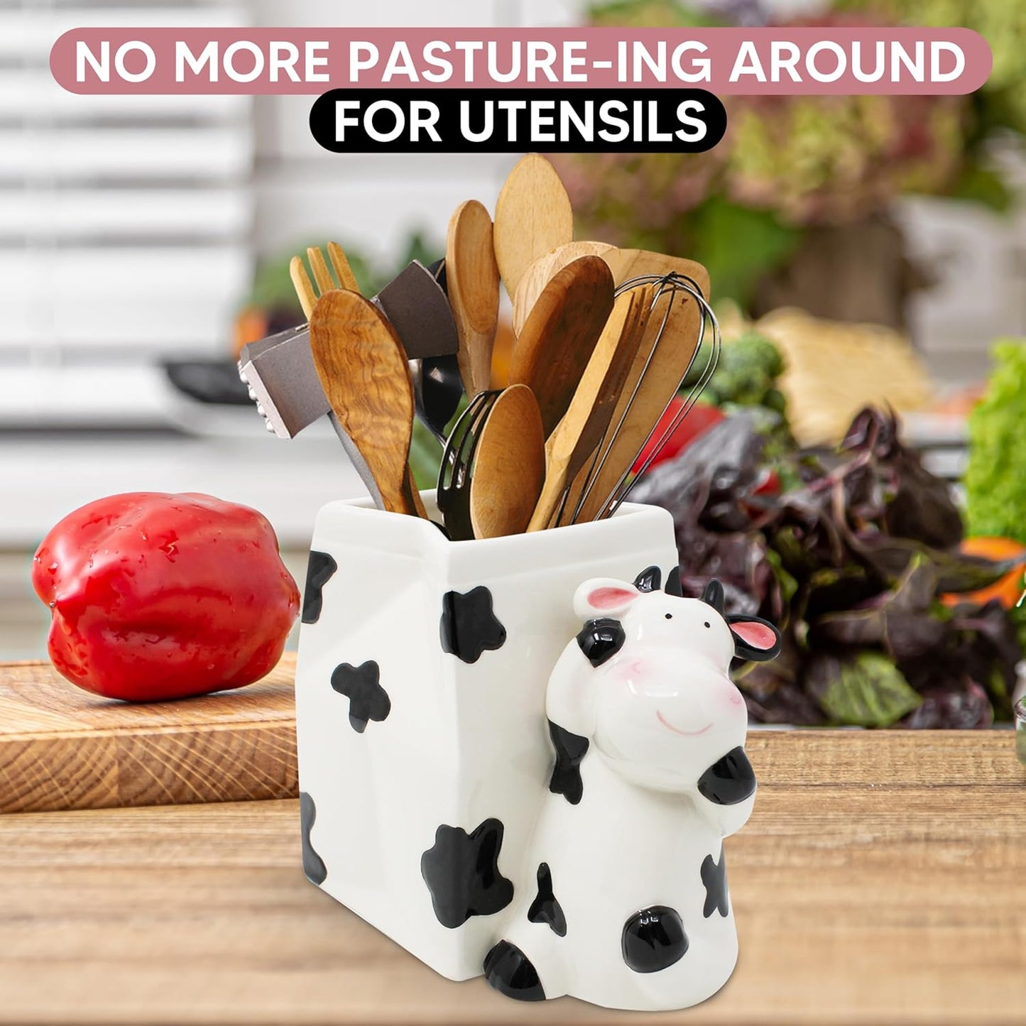 🐄Cow Print Ceramic Utensil Holder | Farmhouse Style Organizer