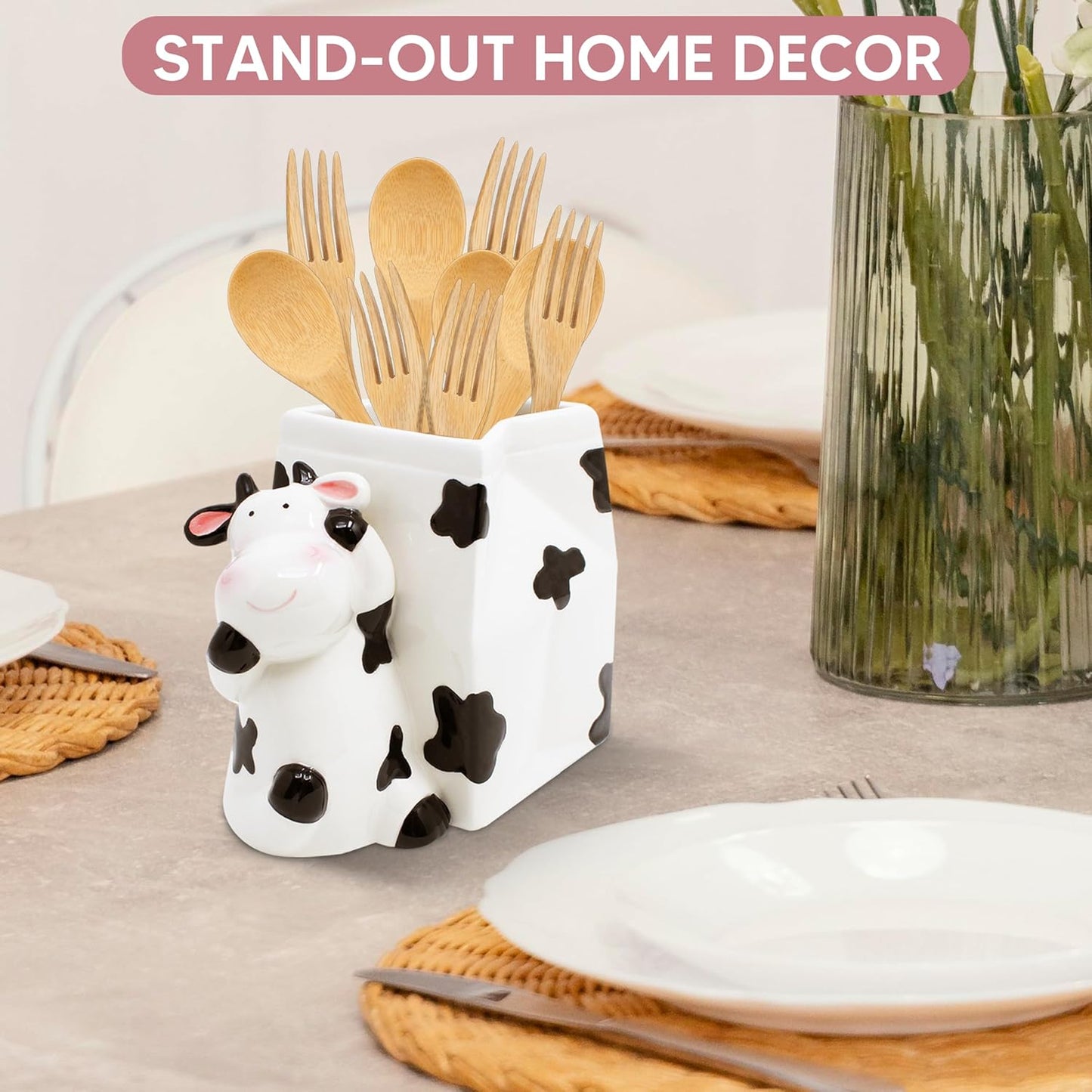 🐄Cow Print Ceramic Utensil Holder | Farmhouse Style Organizer