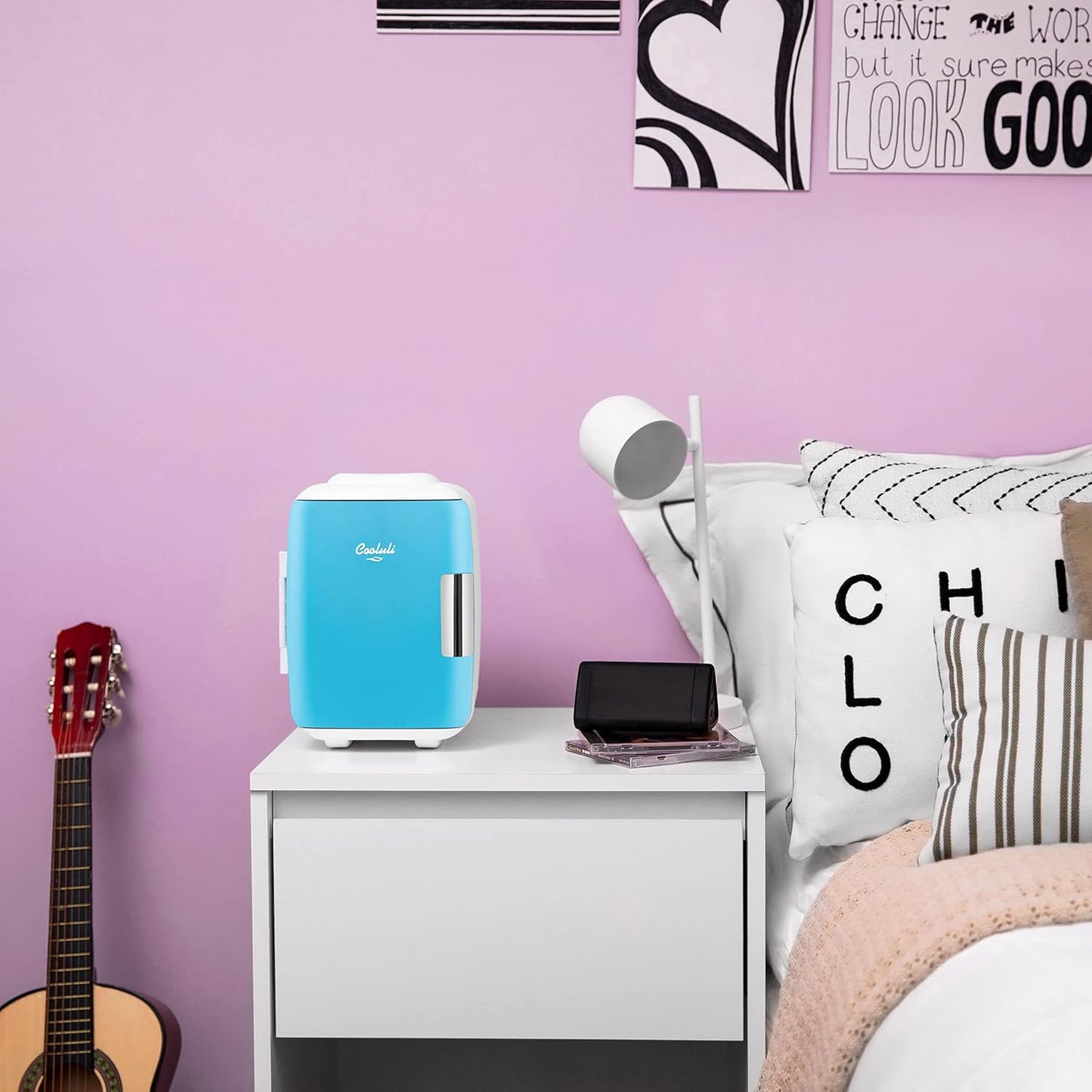 Cooluli Skincare Mini Fridge for Bedroom - Car, Office Desk & Dorm Room - Portable 4L/6 Can Electric Plug In Cooler & Warmer for Food, Drinks, Beauty & Makeup, 12v AC/DC & Exclusive USB, Cow Print