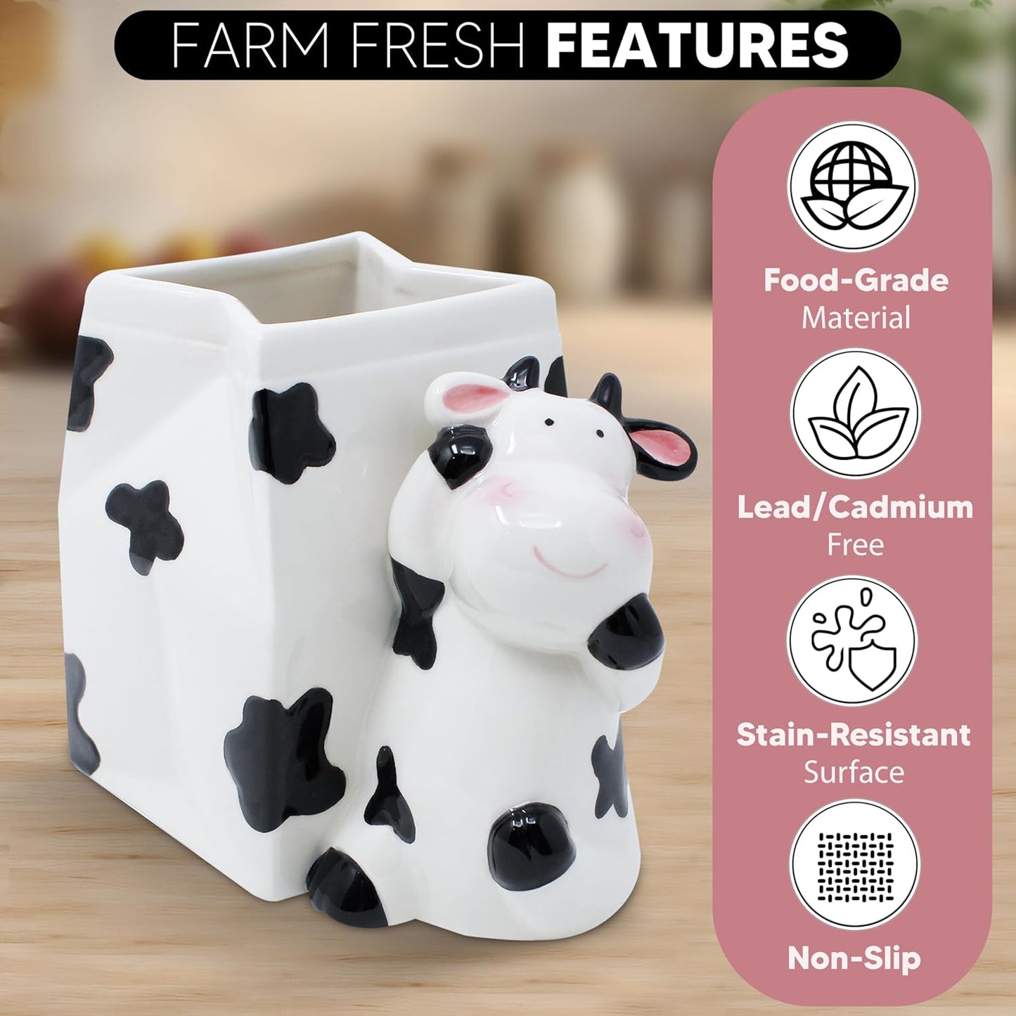 🐄Cow Print Ceramic Utensil Holder | Farmhouse Style Organizer