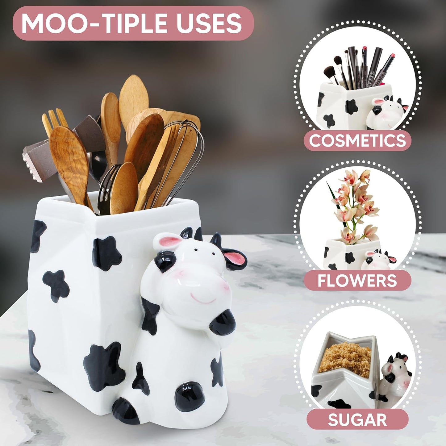 🐄Cow Print Ceramic Utensil Holder | Farmhouse Style Organizer