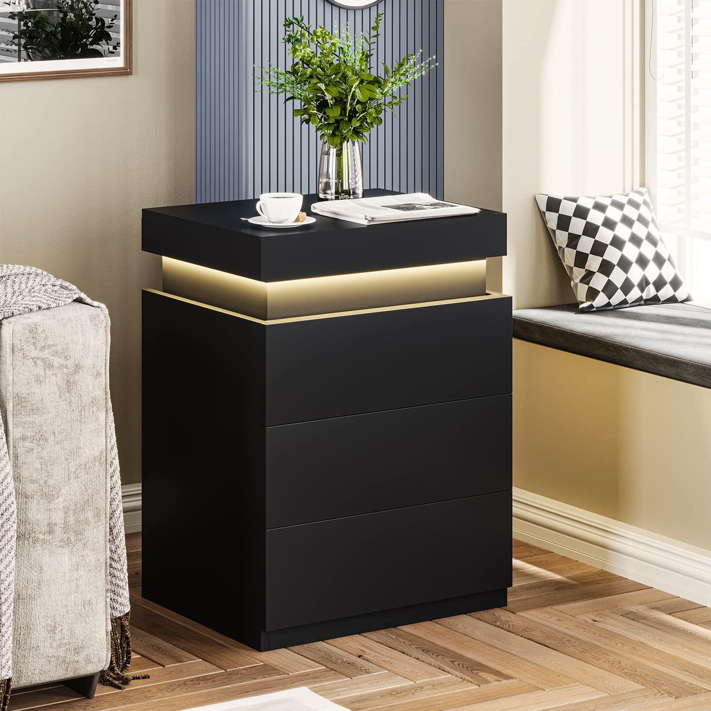 Smart LED Nightstand |3-Drawer Storage with Wireless Control and Charging Station