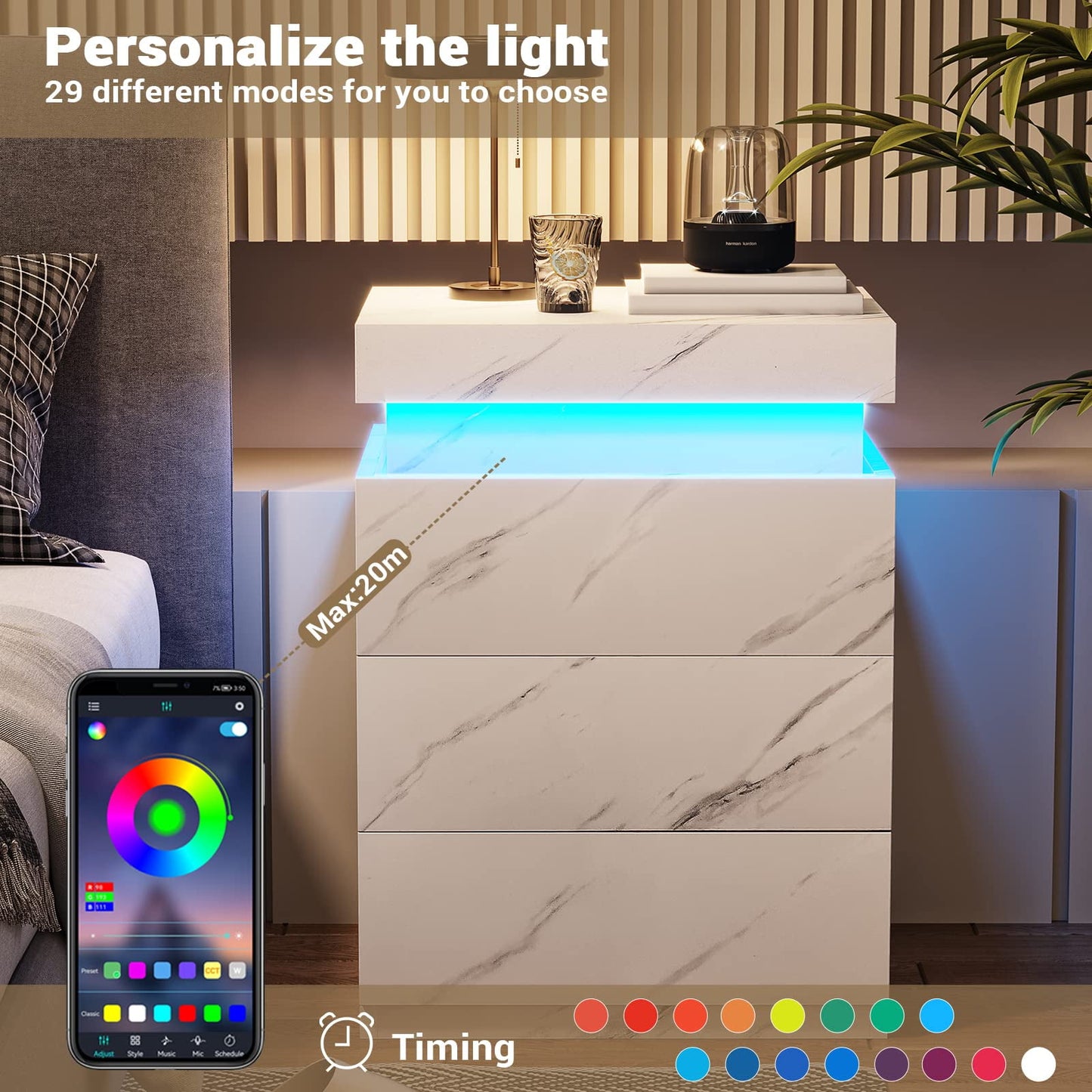Smart LED Nightstand |3-Drawer Storage with Wireless Control and Charging Station