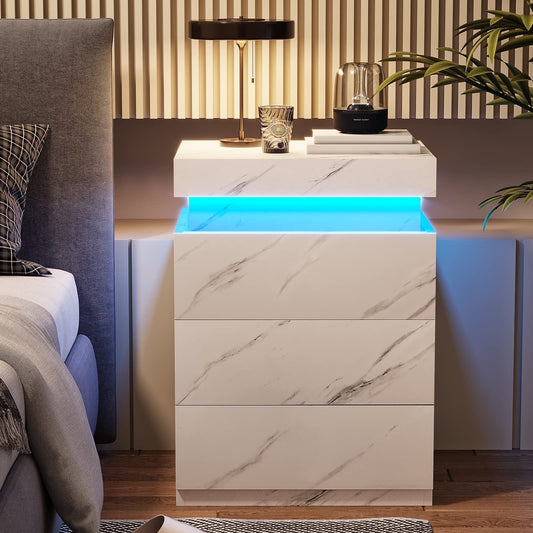 Smart LED Nightstand |3-Drawer Storage with Wireless Control and Charging Station