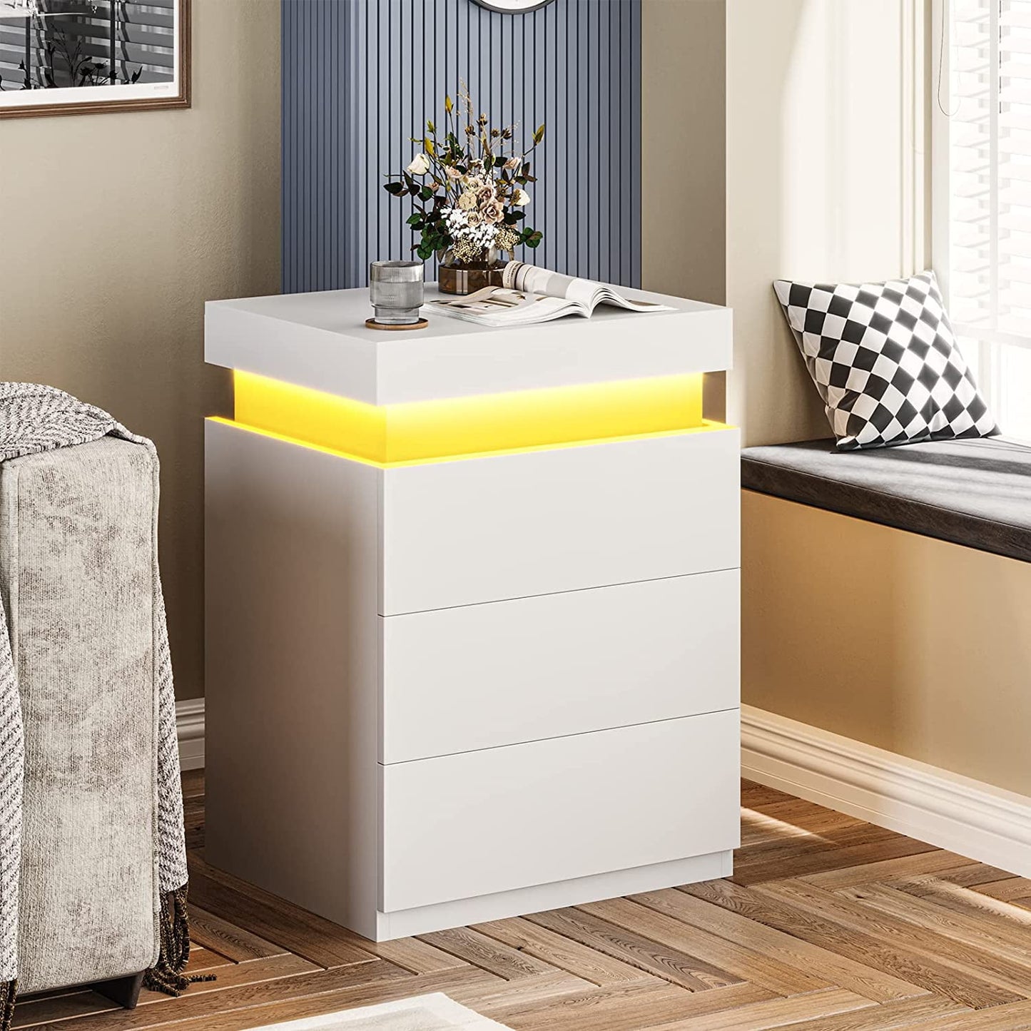 Smart LED Nightstand |3-Drawer Storage with Wireless Control and Charging Station