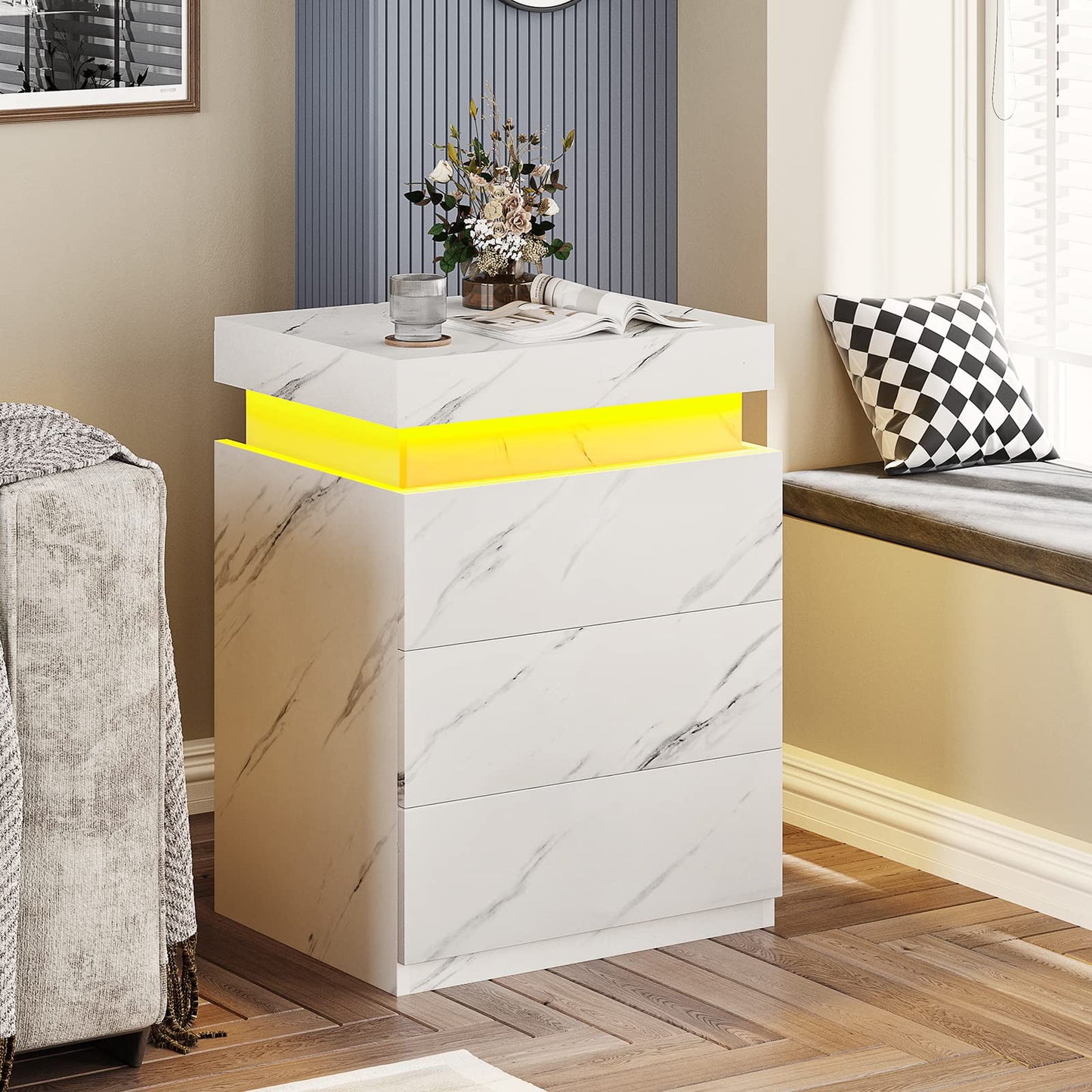 Smart LED Nightstand |3-Drawer Storage with Wireless Control and Charging Station