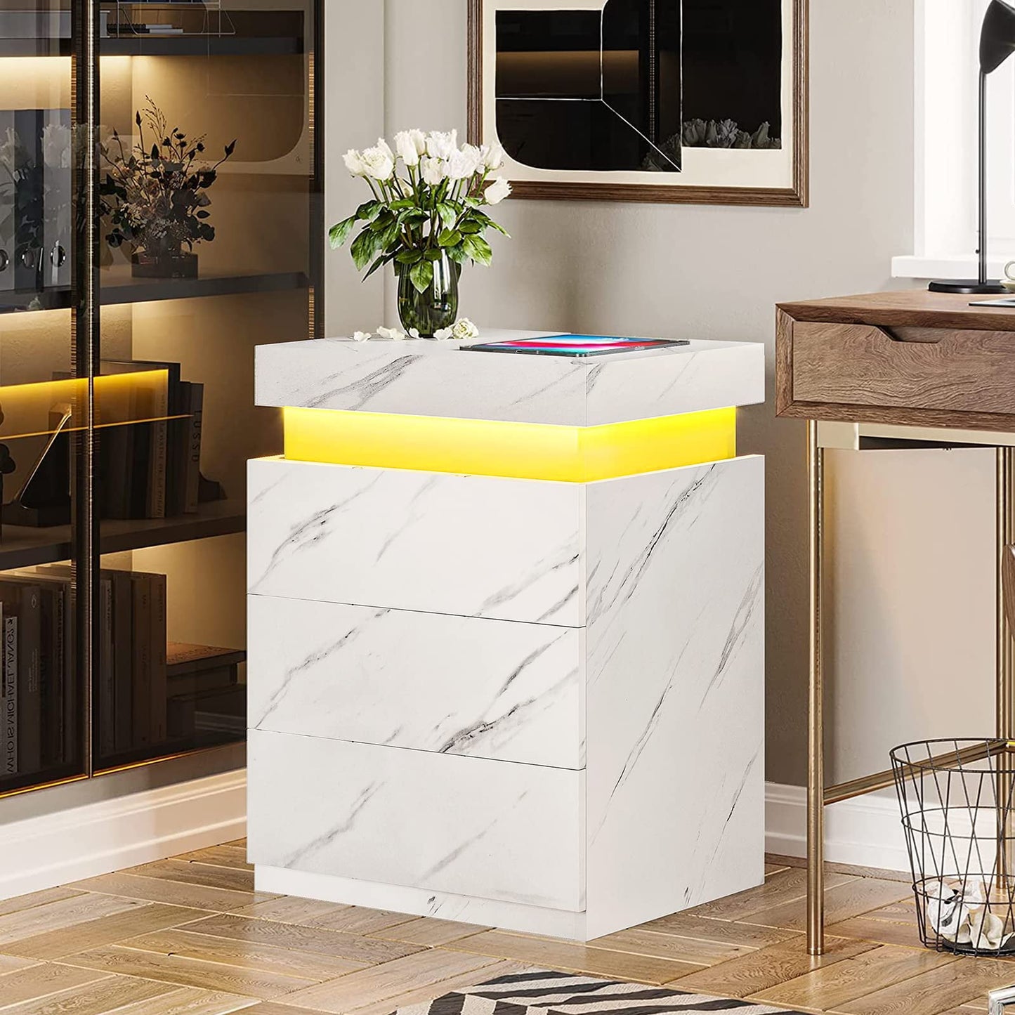 Smart LED Nightstand |3-Drawer Storage with Wireless Control and Charging Station