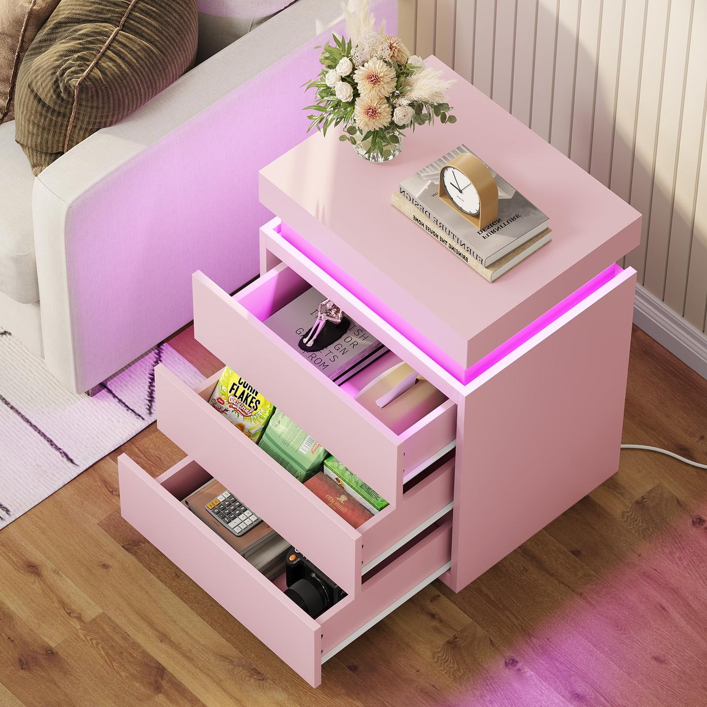Smart LED Nightstand |3-Drawer Storage with Wireless Control and Charging Station