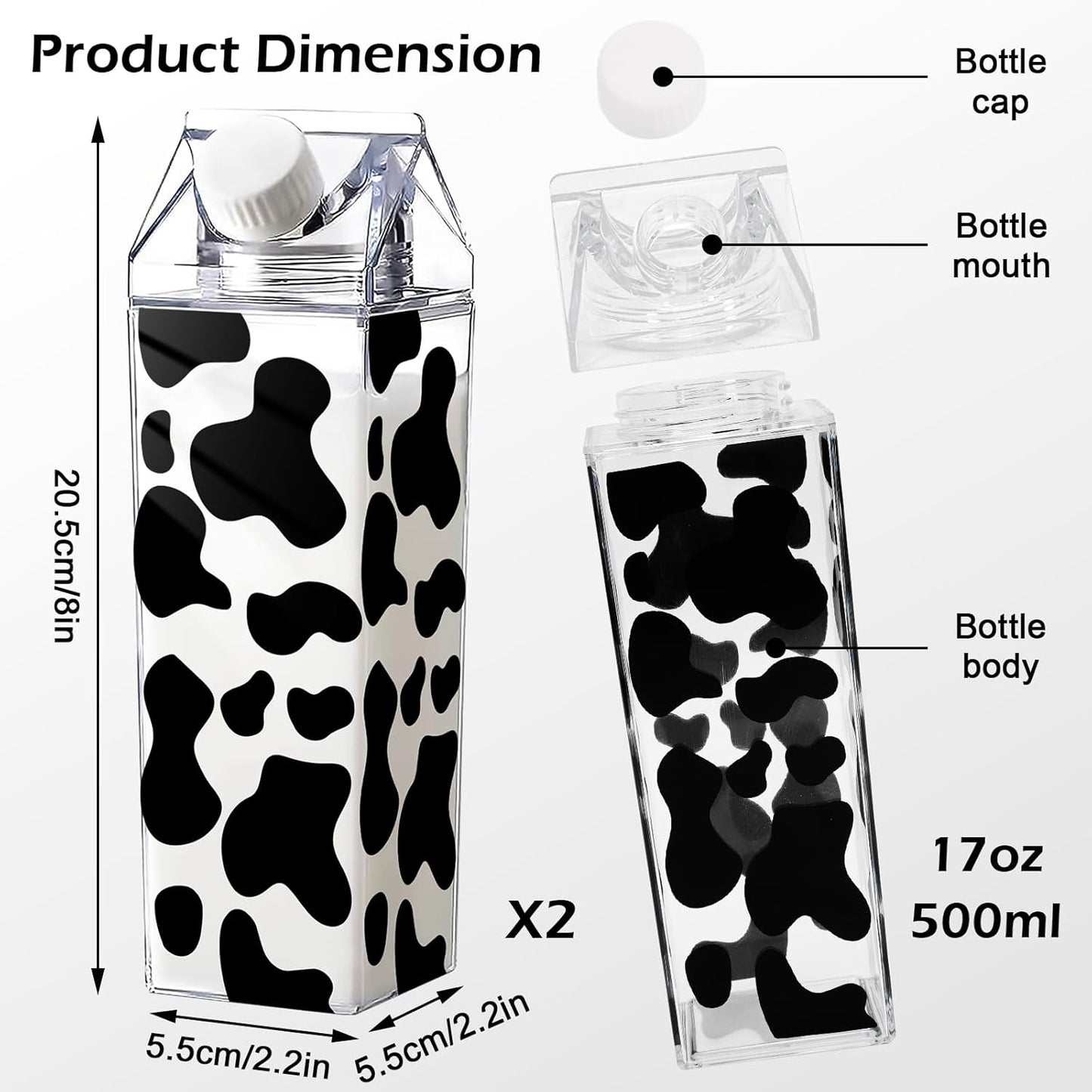 Cow Print Water Bottle 500ml, Leak Proof, Set of 2